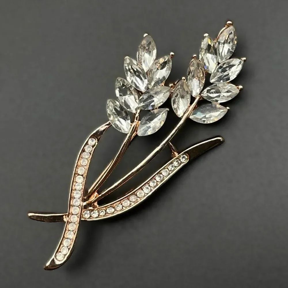 Rose Gold with White Diamond Crystal Wheat Ear Plant Bouquet Pin Back Brooch